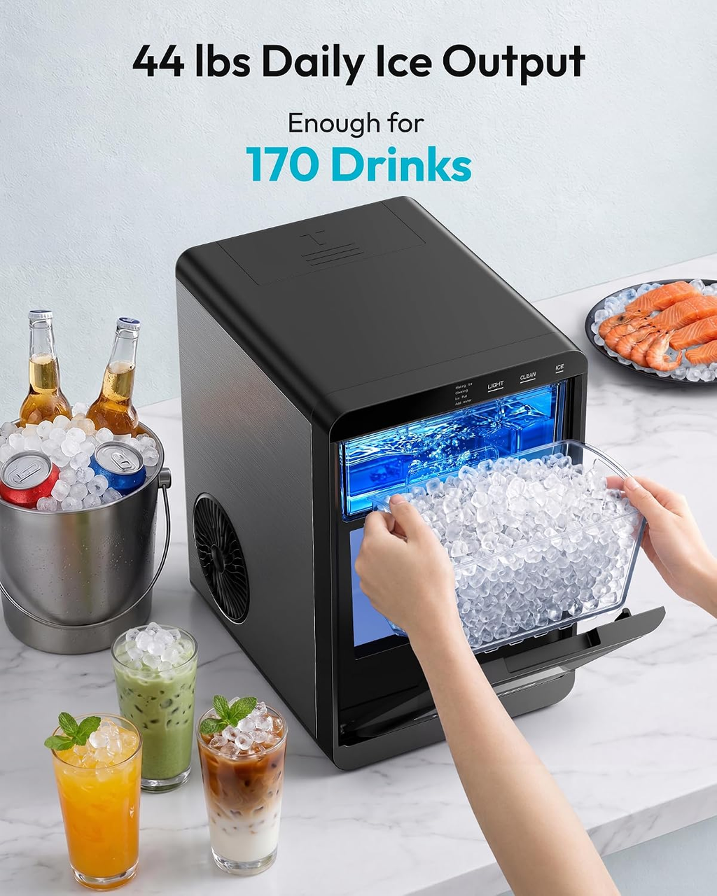 Nugget Ice Maker Countertop, 44lbs/24H, Ready in 7-10Mins, Black
