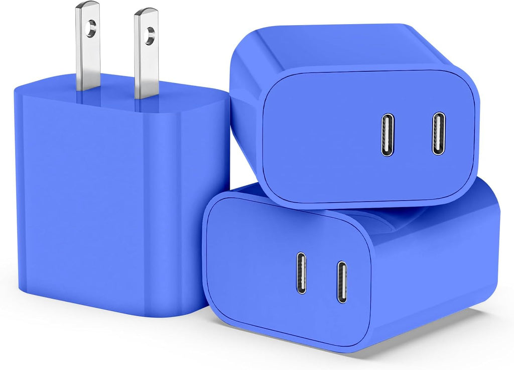 USB C Charger Block 3 Pack, Dual Port 20W Fast Wall Plug (Blue)