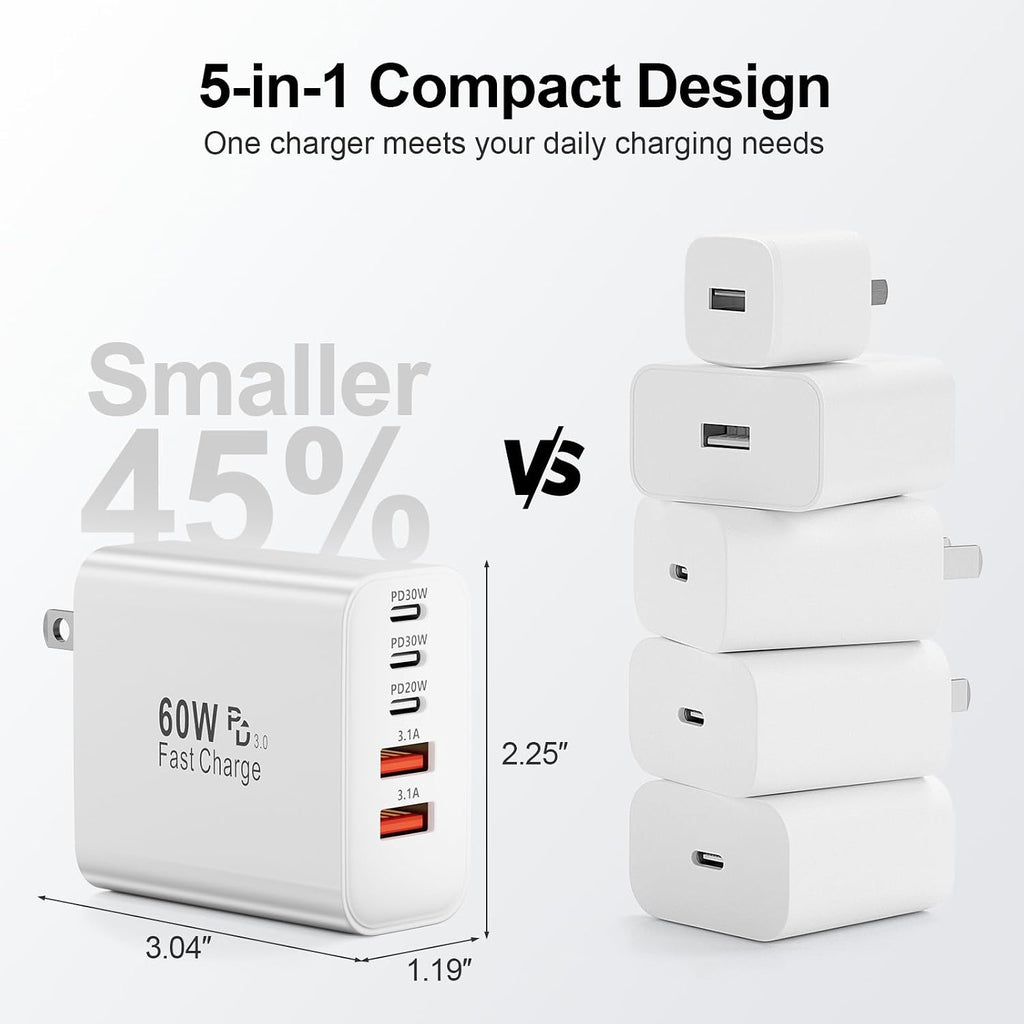 USB C Charger Block, 60W 5-Port Type C Charger Fast Charging Blocks