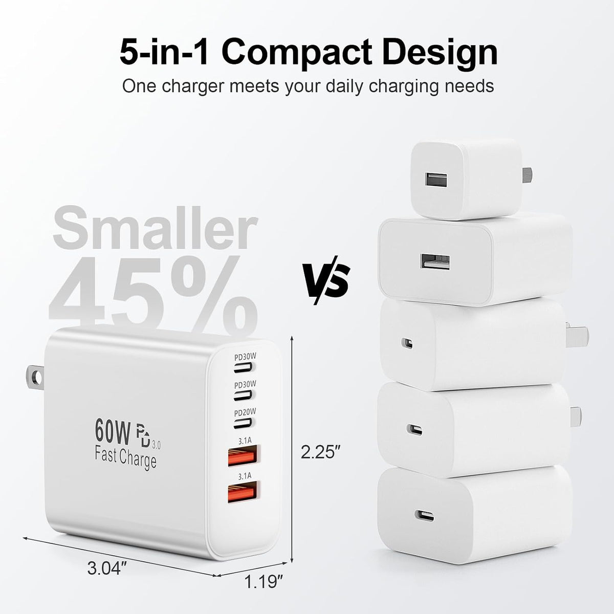 USB C Charger Block, 60W 5-Port Type C Charger Fast Charging Blocks