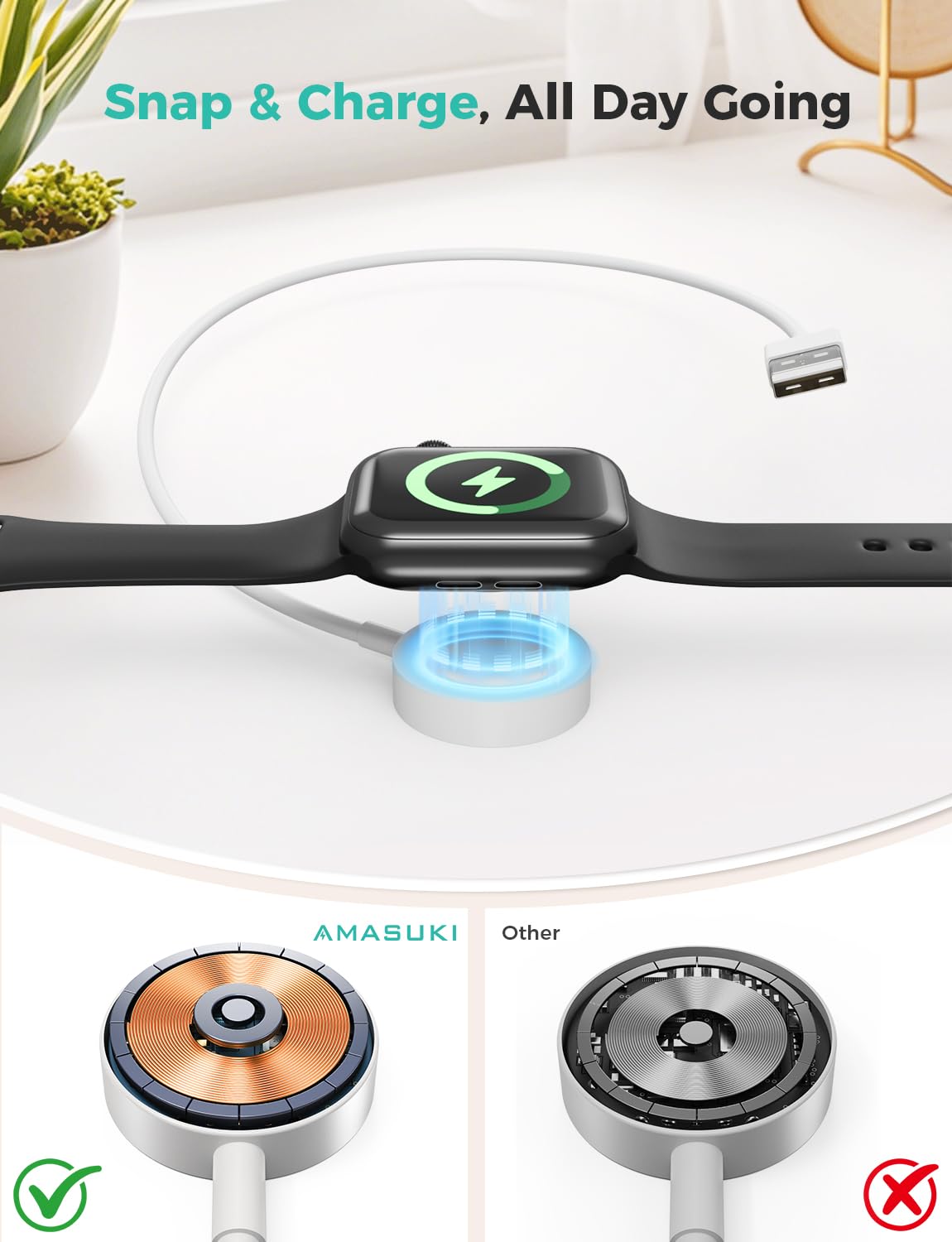 2026 Upgraded for Apple Watch Charger USB Magnetic Fast Charging Cable Portable Wireless Charging Accessories Compatible with iWatch Series 11/10/9/8/7/6/5/4/3/2 Ultra 3/2/SE-Pink