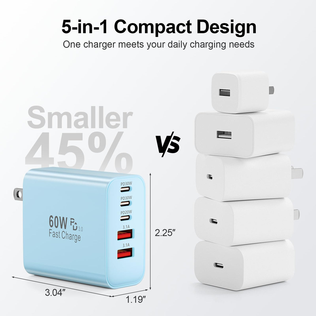 USB C Charger Block, 60W 5-Port Type C Charger Fast Charging Blocks