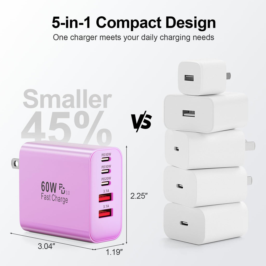 USB C Charger Block, 60W 5-Port Type C Charger Fast Charging Blocks