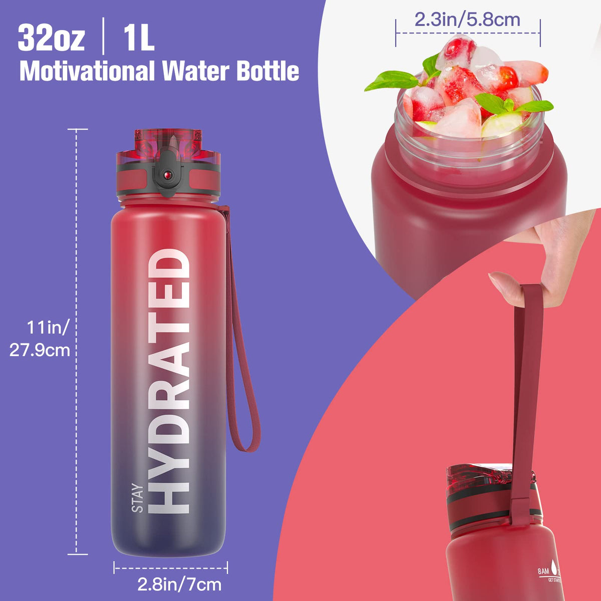 Sahara Sailor Water Bottle 32oz, Tritan Sports Bottle with Time Marker