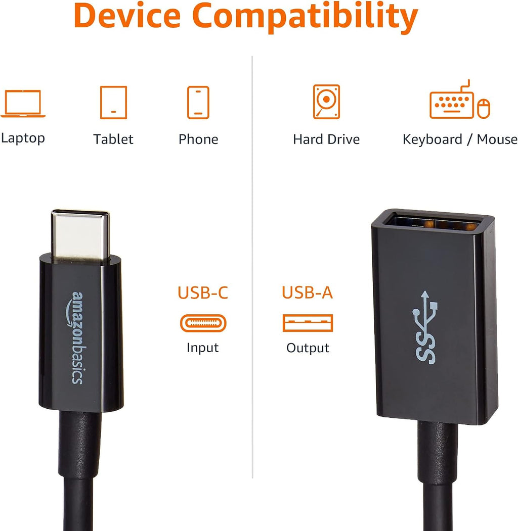 Amazon Basics USB-C (Male) to USB-A (Female) Adapter Cable Converter, USB 3.1 Gen 1, 5Gbps High-Speed, USB-IF Certified, Fast Transfer, Portable, for Laptops, Tablets, Phones (iPhone 16/15), Black