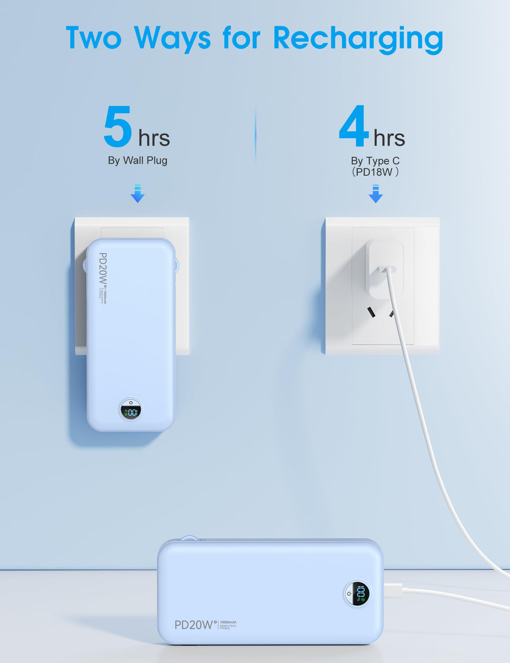 citicr Portable Charger 10000mAh PD20W w/Built-in Cables & Wall Plug Purple
