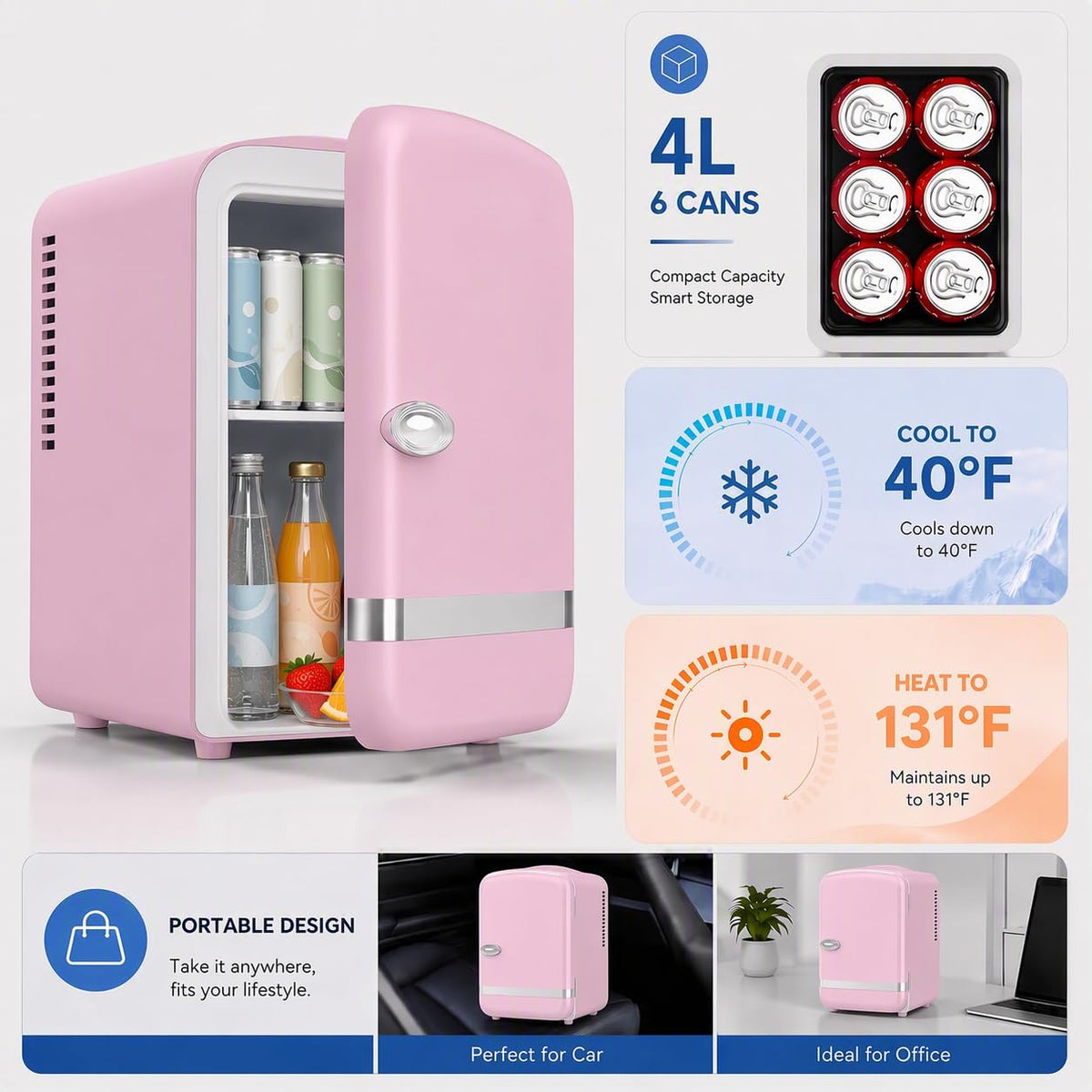 Kismile 4L Mini Fridge 6 Can Beverage Cooler for Car Office - White