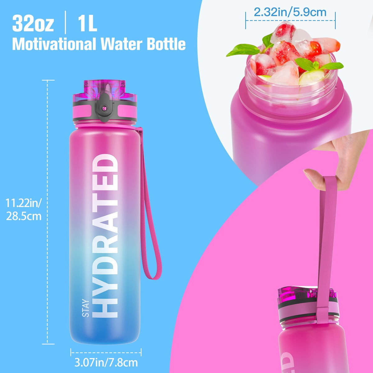 Sahara Sailor Water Bottle 32oz, Tritan Sports Bottle with Time Marker