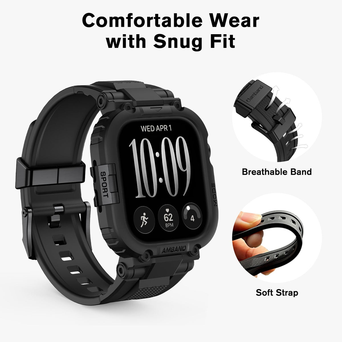 amBand Bands Compatible with Apple Watch 9/8/7/6/5/4 & SE 3/2/1 45mm/44mm Case for Men, M1 Sport Series Rugged Case Protective Cover for iWatch SE3/SE2/6/SE/5/4 44/45 mm Men Black