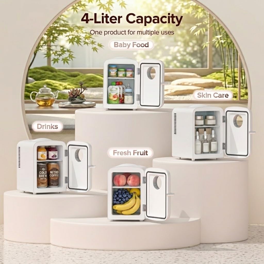 Kismile 4L Mini Fridge 6 Can Beverage Cooler for Car Office - White