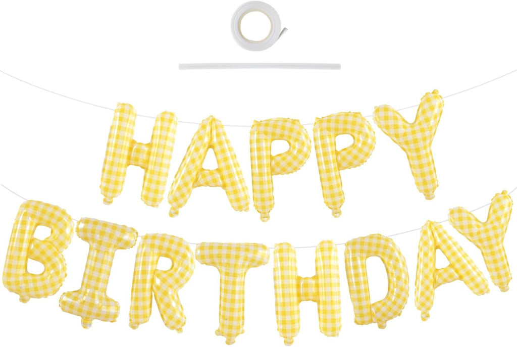 TONIFUL 16 Inch Yellow White Gingham Happy Birthday Foil Balloon