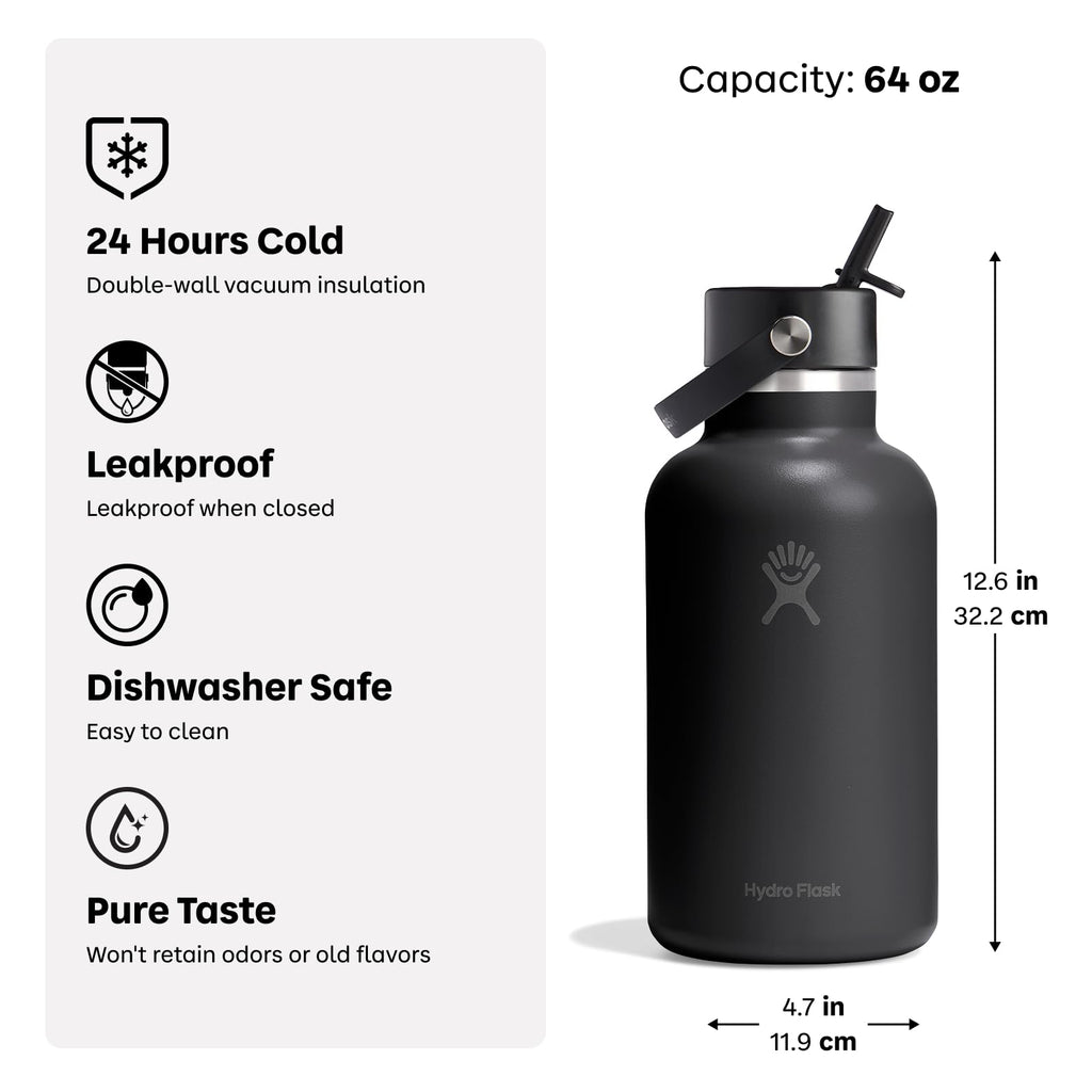 Hydro Flask Water Bottle - Insulated Stainless Steel - Wide Straw Lid, Non Spill, Leakproof in 24 Oz Harbor Blue