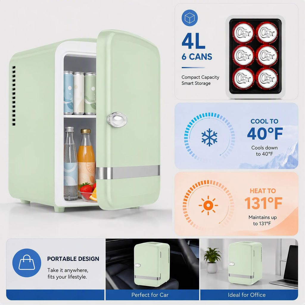 Kismile 4L Mini Fridge 6 Can Beverage Cooler for Car Office - White