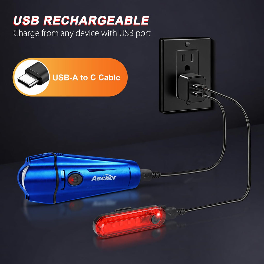 Ascher Ultra Bright USB Rechargeable Bike Light Set, Powerful Bicycle Front Headlight and Back Taillight, 4 Light Modes, Easy to Install for Men Women Kids Road Mountain Cycling