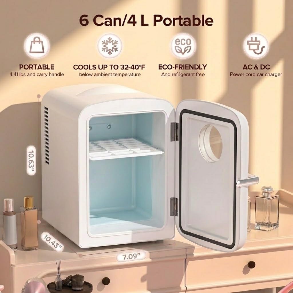 Kismile 4L Mini Fridge 6 Can Beverage Cooler for Car Office - White