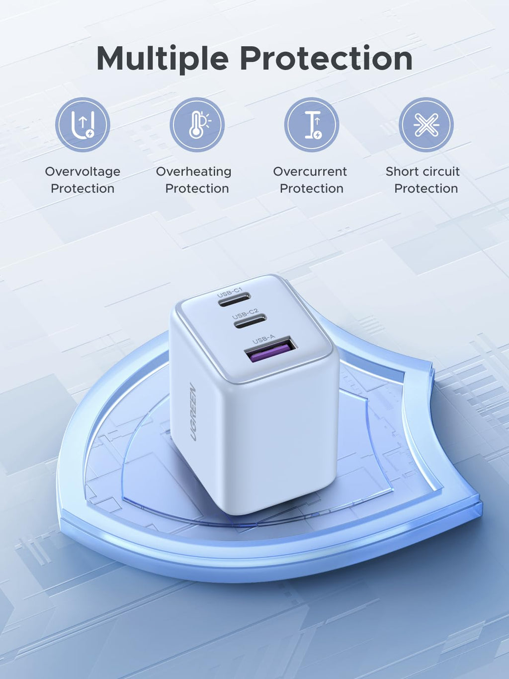 UGREEN 3-Port 30W USB C Charger Block, GaN II Type C Fast Charging, White