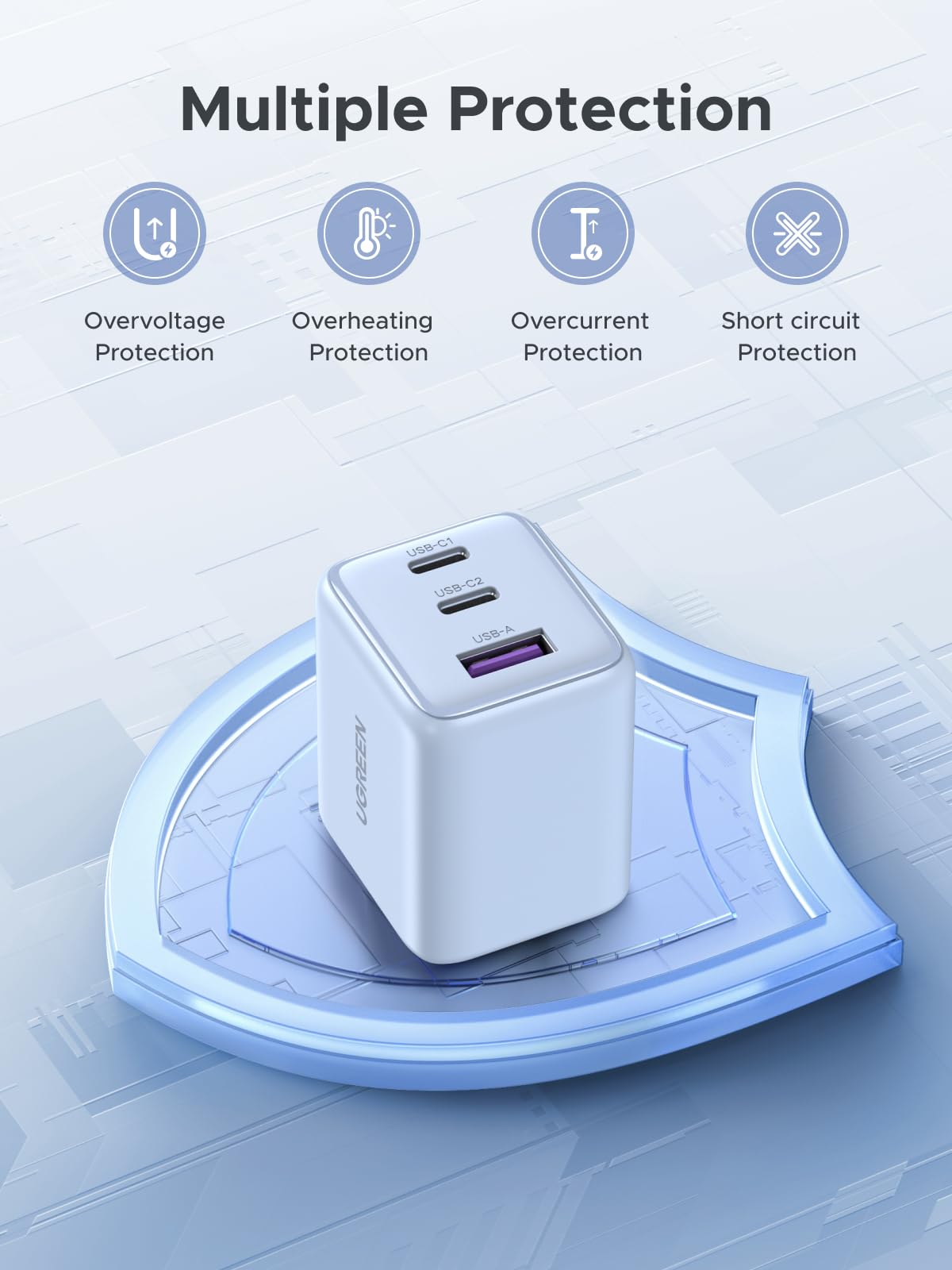 UGREEN 3-Port 30W USB C Charger Block, GaN II Type C Fast Charging, White