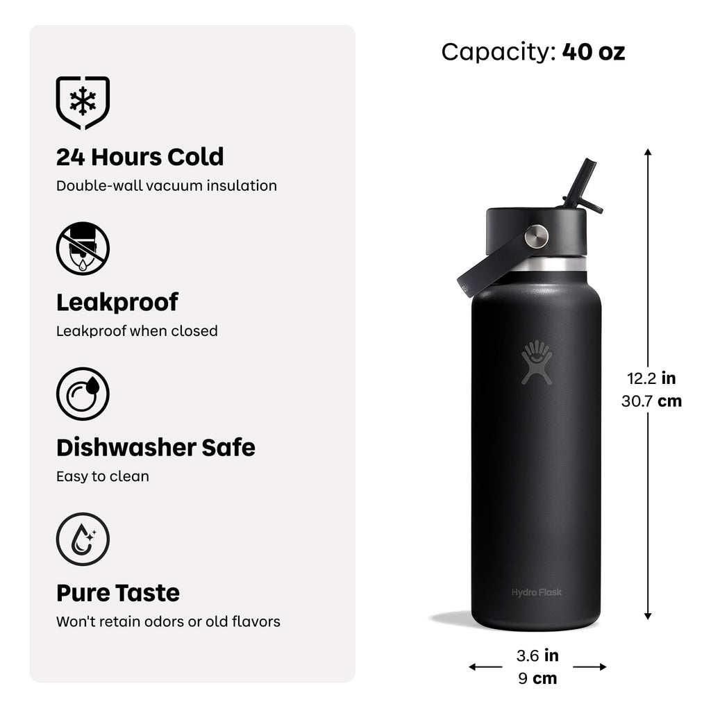Hydro Flask Water Bottle - Insulated Stainless Steel - Wide Straw Lid, Non Spill, Leakproof in 24 Oz Harbor Blue