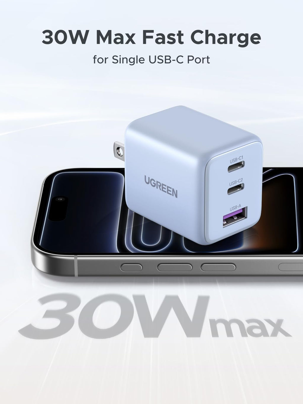 UGREEN 3-Port 30W USB C Charger Block, GaN II Type C Fast Charging, White
