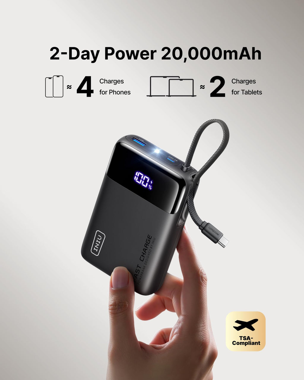 INIU Portable Charger, Smaller 45W Fast Charging Power Bank, 10000mAh Black