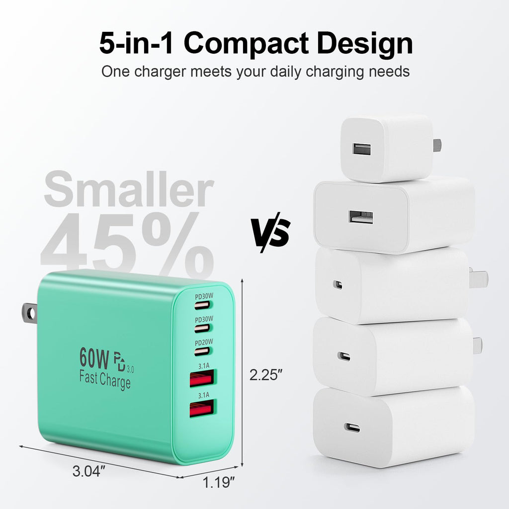 USB C Charger Block, 60W 5-Port Type C Charger Fast Charging Blocks
