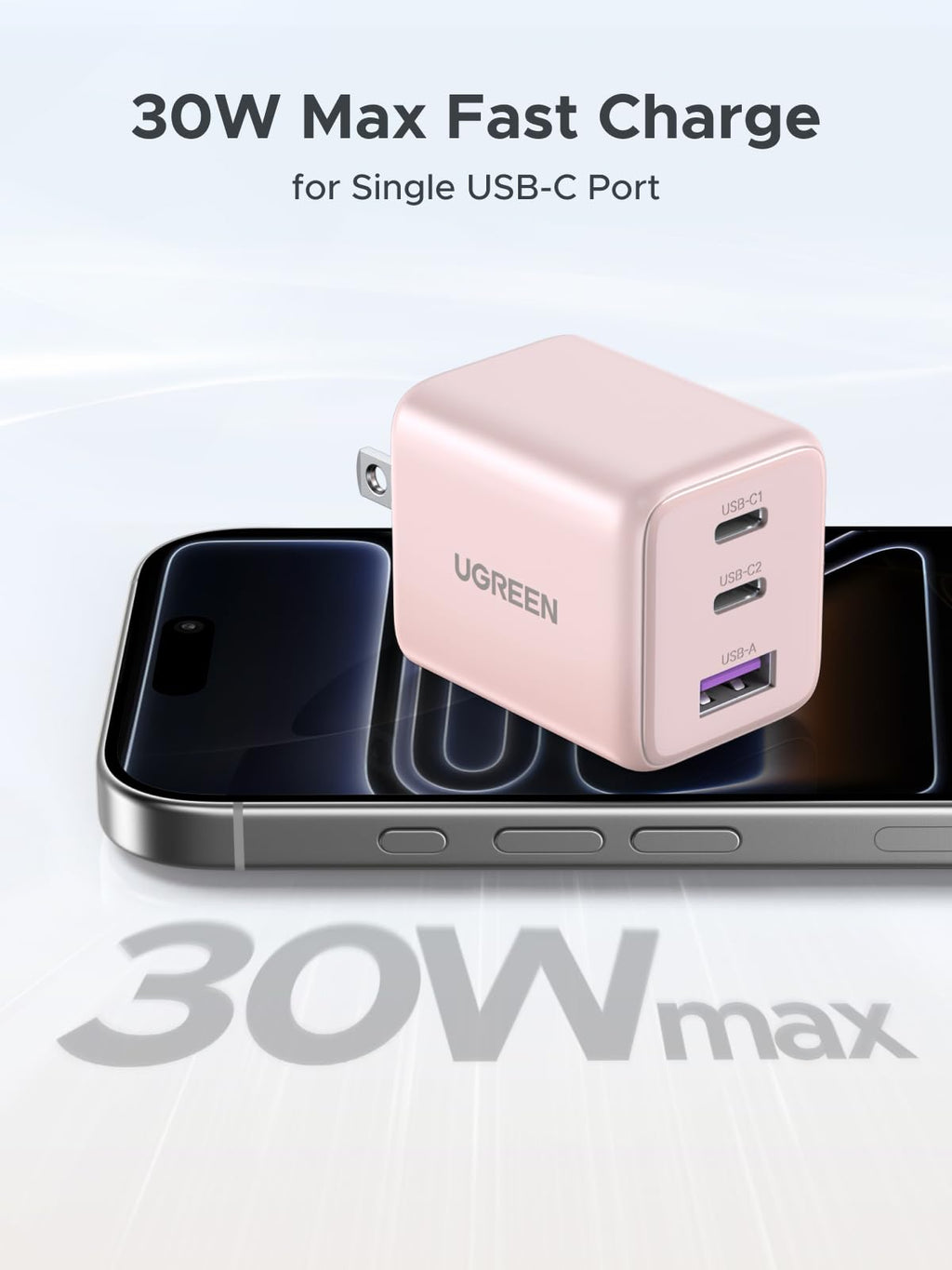 UGREEN 3-Port 30W USB C Charger Block, GaN II Type C Fast Charging, White