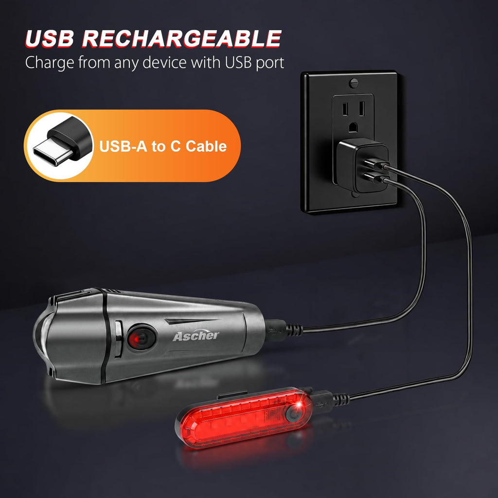 Ascher Ultra Bright USB Rechargeable Bike Light Set, Powerful Bicycle Front Headlight and Back Taillight, 4 Light Modes, Easy to Install for Men Women Kids Road Mountain Cycling