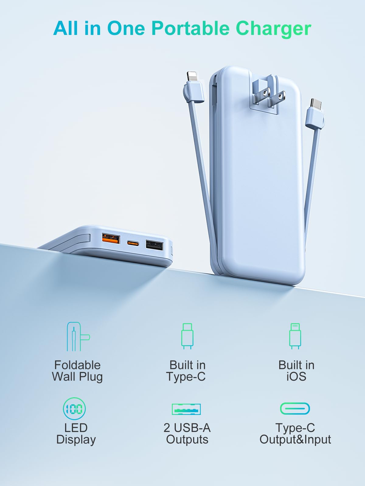 citicr Portable Charger 10000mAh PD20W w/Built-in Cables & Wall Plug Purple