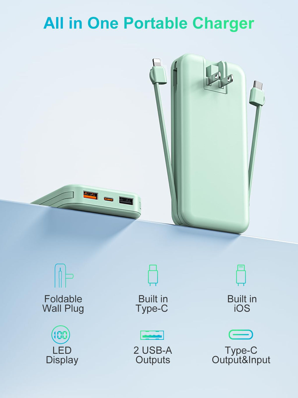 citicr Portable Charger 10000mAh PD20W w/Built-in Cables & Wall Plug Purple