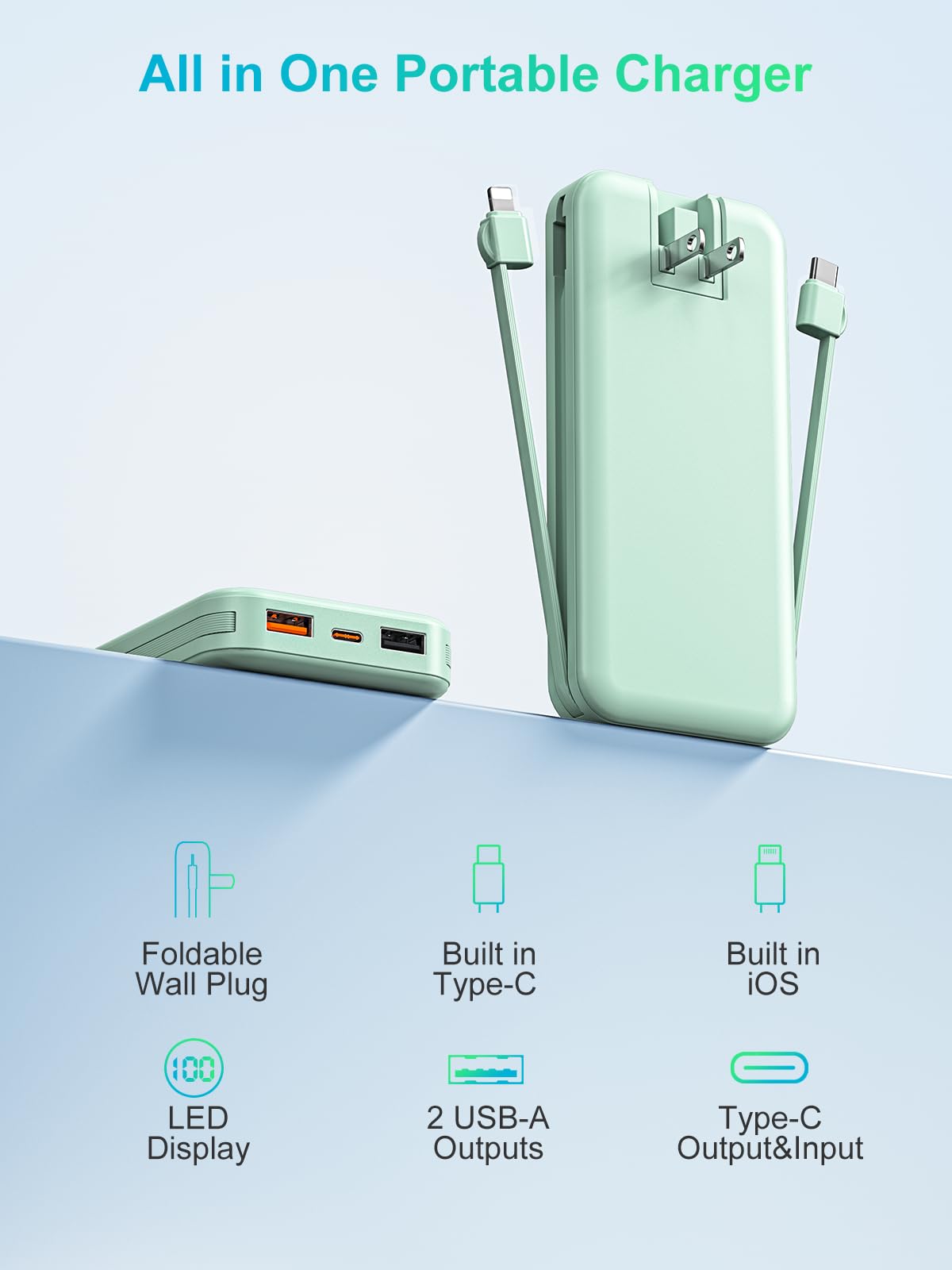 citicr Portable Charger 10000mAh PD20W w/Built-in Cables & Wall Plug Purple