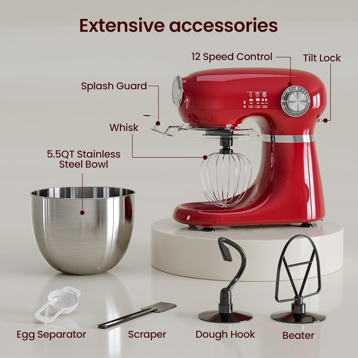 Kismile 5.5QT 12-Speed Electric Stand Mixer, Tilt Head Kitchen Mixer, Red
