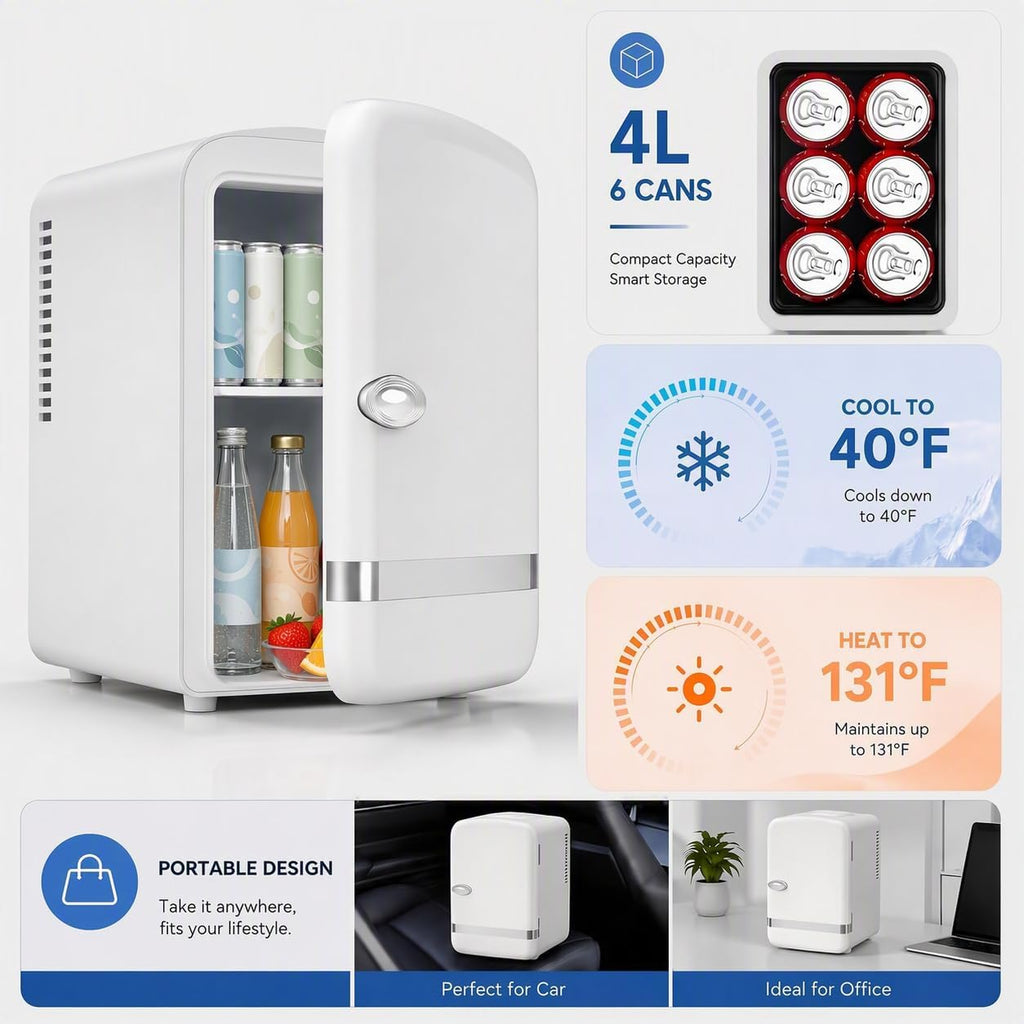 Kismile 4L Mini Fridge 6 Can Beverage Cooler for Car Office - White