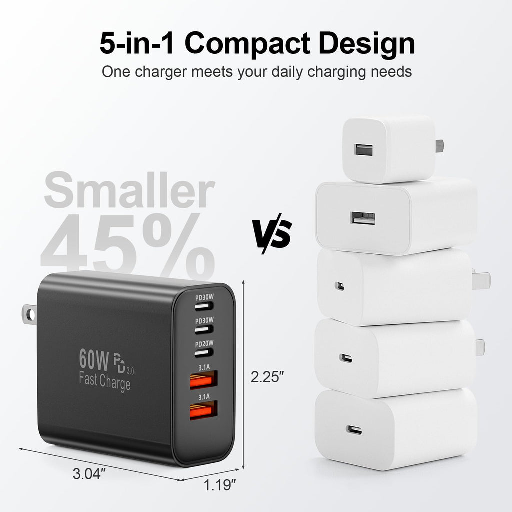 USB C Charger Block, 60W 5-Port Type C Charger Fast Charging Blocks
