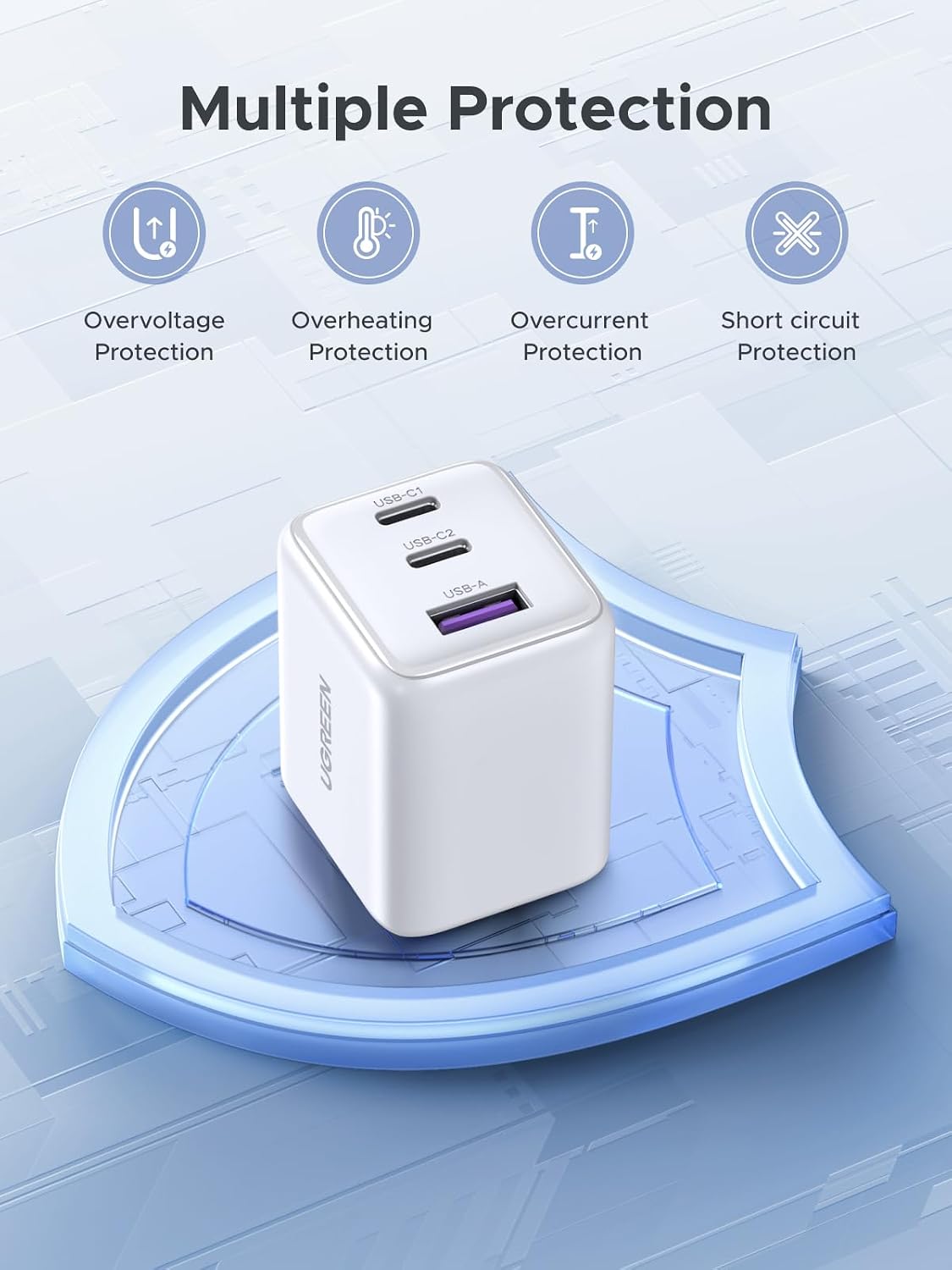 UGREEN 3-Port 30W USB C Charger Block, GaN II Type C Fast Charging, White
