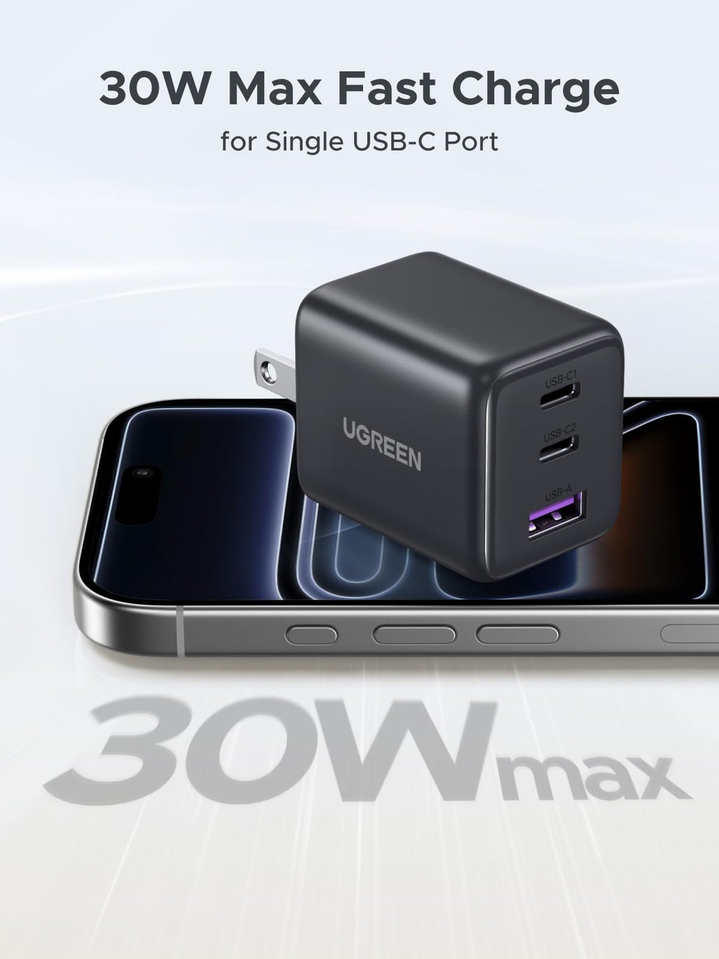 UGREEN 3-Port 30W USB C Charger Block, GaN II Type C Fast Charging, White