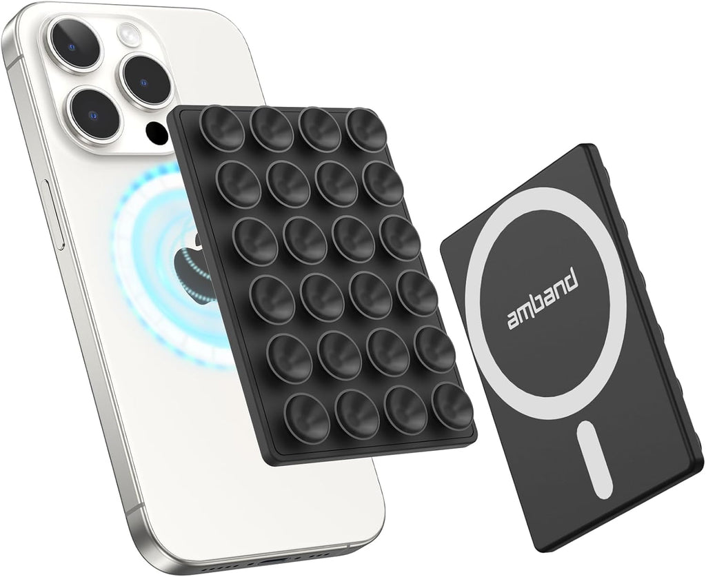 amBand Magnetic Sticky Phone Suction Grip for MagSafe, Removable for Wireless Charging, Durable Magnet Silicone Portable Mount Stand for iPhone 18 17 16 15 14 13 Series, Hands-Free Video/Selfie, Black