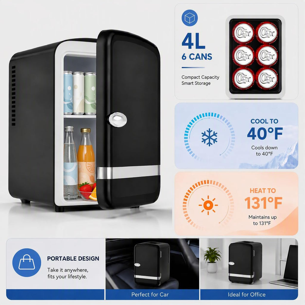 Kismile 4L Mini Fridge 6 Can Beverage Cooler for Car Office - White