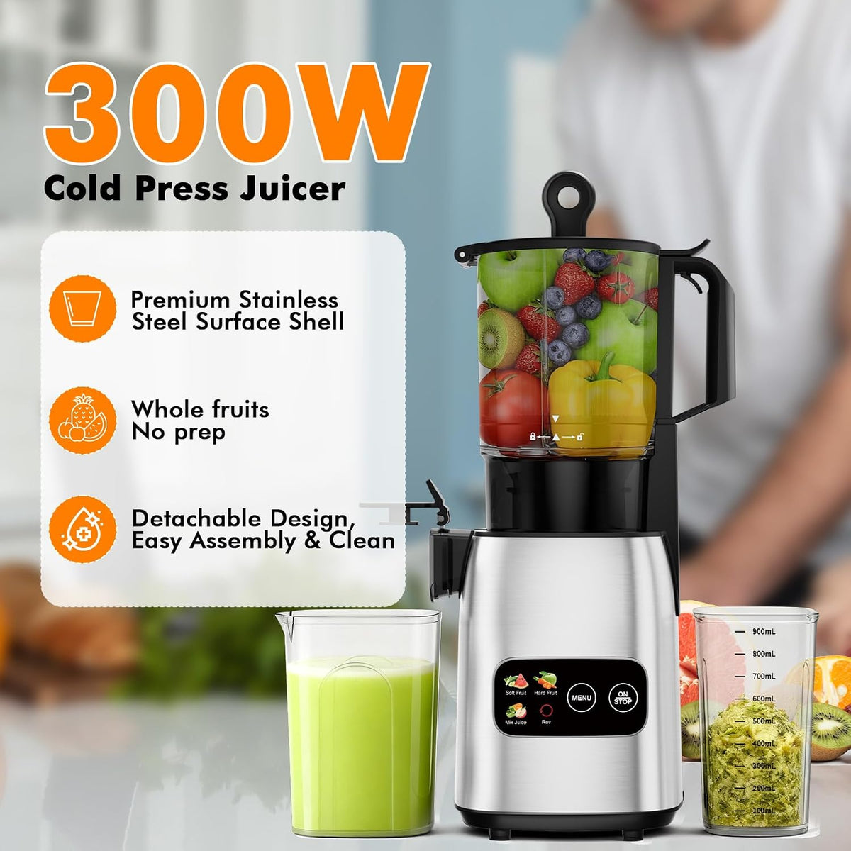 Kismile Cold Press Juicer, 5.4" Feed Chute, 4 juicing Mode, Easy to Clean