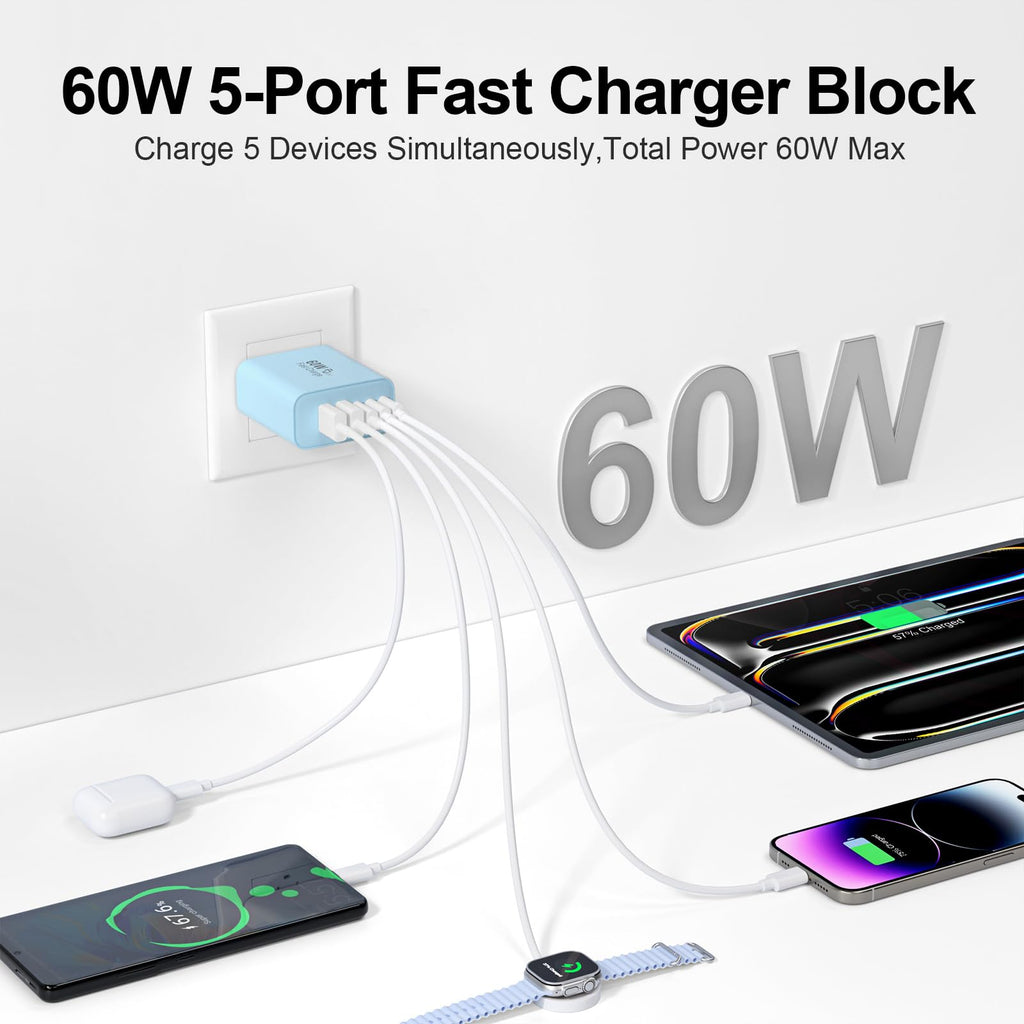 USB C Charger Block, 60W 5-Port Type C Charger Fast Charging Blocks
