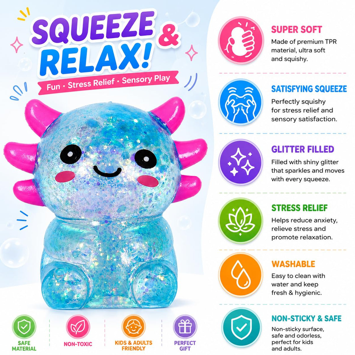 Axolotl Squishy Stress Ball, Soft Slow Rising Sensory Toy