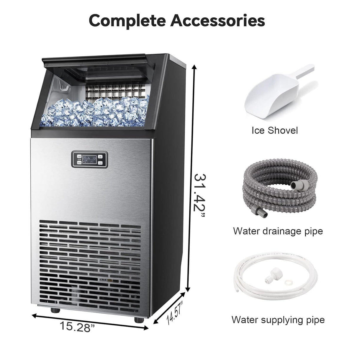 Kismile Commercial Ice Maker 100 lb/24 Hour, Stainless Steel Undercounter Ice Maker, 15 kg Capacity, Self-Cleaning Freestanding Ice Maker Suitable for Home Bars