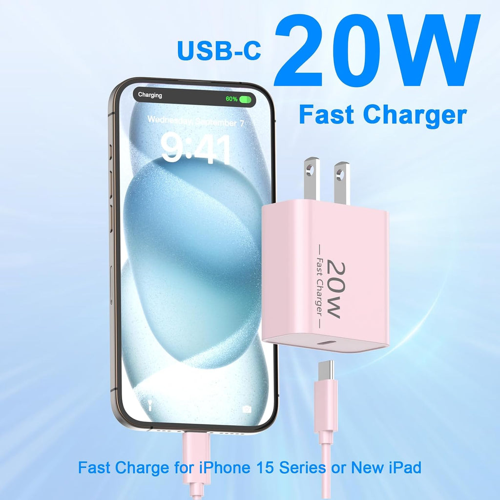 iPhone 18 17 16 15 Charger Fast Charging 10FT 20W USB C Charger Block Cable