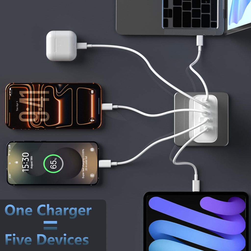 65W USB C Charger Block,6-Port Multi Device Fast Charger PD QC Wall Adapter
