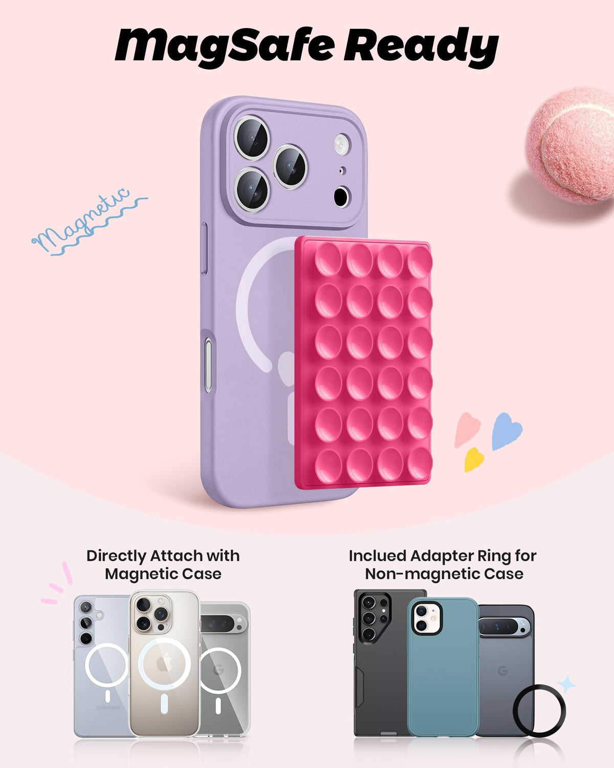 amBand Magnetic Sticky Phone Suction Grip for MagSafe, Removable for Wireless Charging, Durable Magnet Silicone Portable Mount Stand for iPhone 18 17 16 15 14 13 Series, Hands-Free Video/Selfie, Black