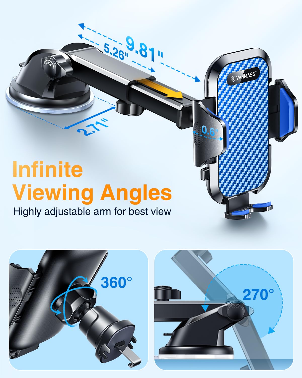 VANMASS Car Phone Holder 2026 Ultimate Military-Grade Strongest Suction & Clip Windshield Dashboard【Newest Best Strongest】 Cell Phone Automotive Dash Gauge Accents for iPhone 18 Pro Max 17 16 15 14