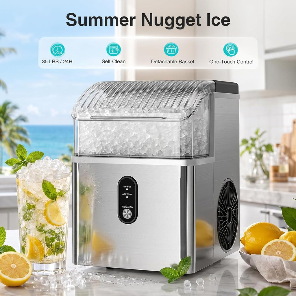 Kismile Nugget Ice Maker Countertop, 35 lbs/Day, Stainless Steel