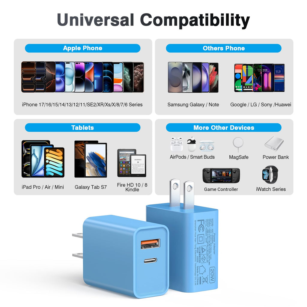 [2 Pack] 20W USB C Charger Block, Fast Charging Dual Port Wall Charger