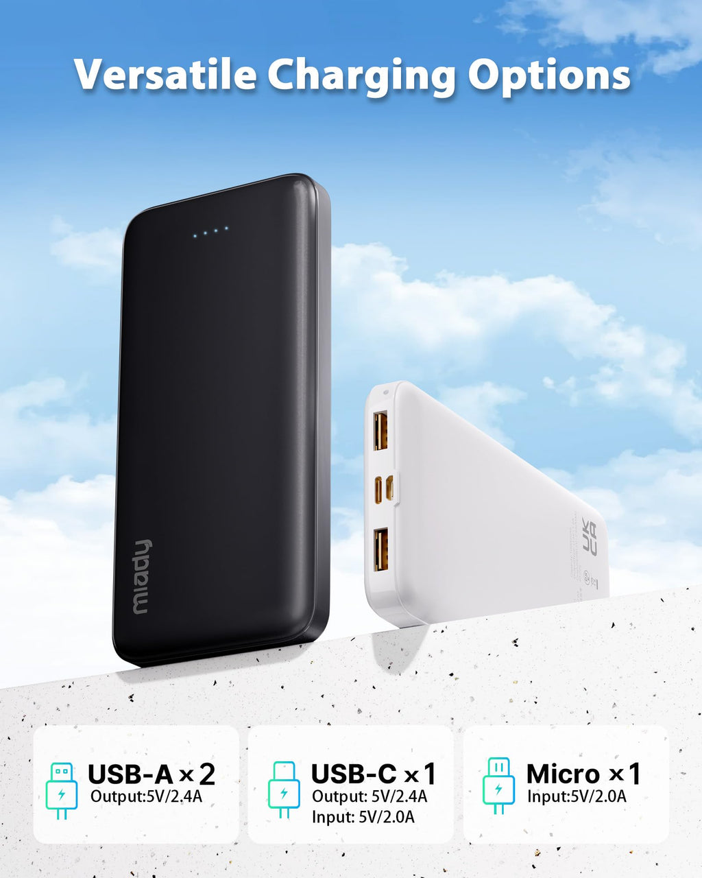 Miady 2-Pack Portable Charger, Slim 10000mAh Power Bank Travel Battery Pack