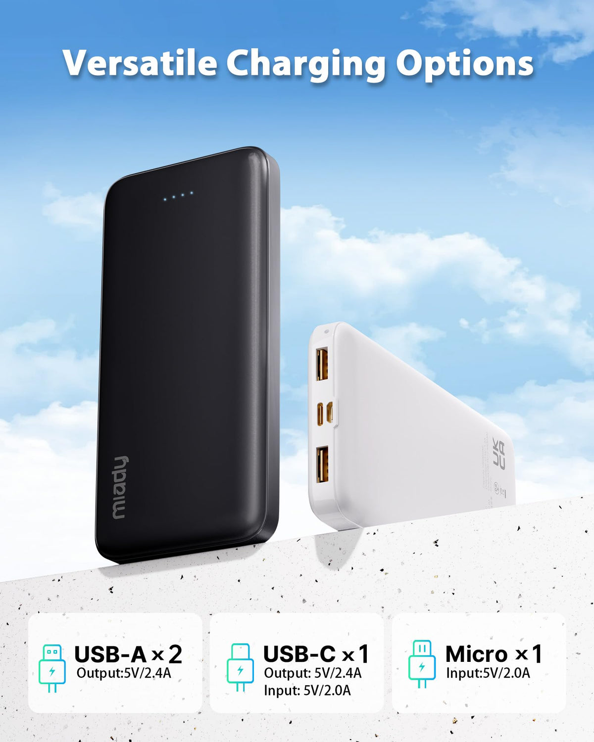 Miady 2-Pack Portable Charger, Slim 10000mAh Power Bank Travel Battery Pack