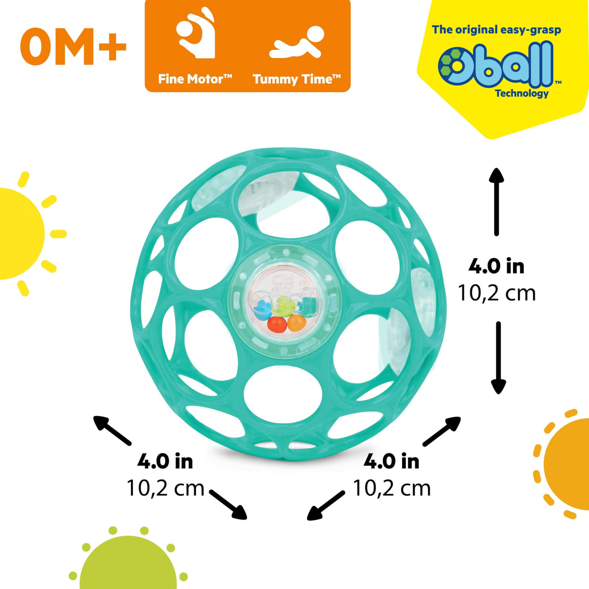 Bright Starts Oball Easy Grasp Classic Ball BPA-Free Infant Toy in Red, Yellow, Green, Blue, Age Newborn and up, 4 Inches